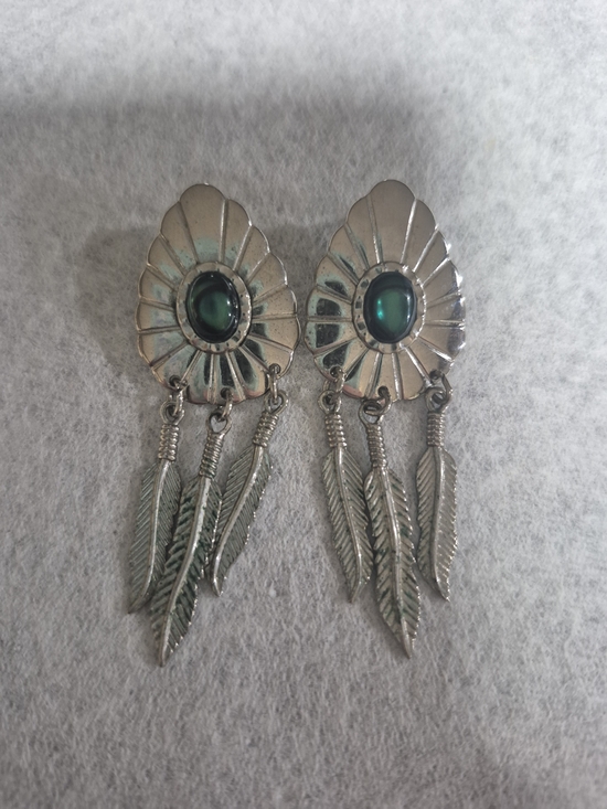 Jewelry - Vintage SW Silvertone Concho Earrings with Green Abalone Shell & Feather Dangles